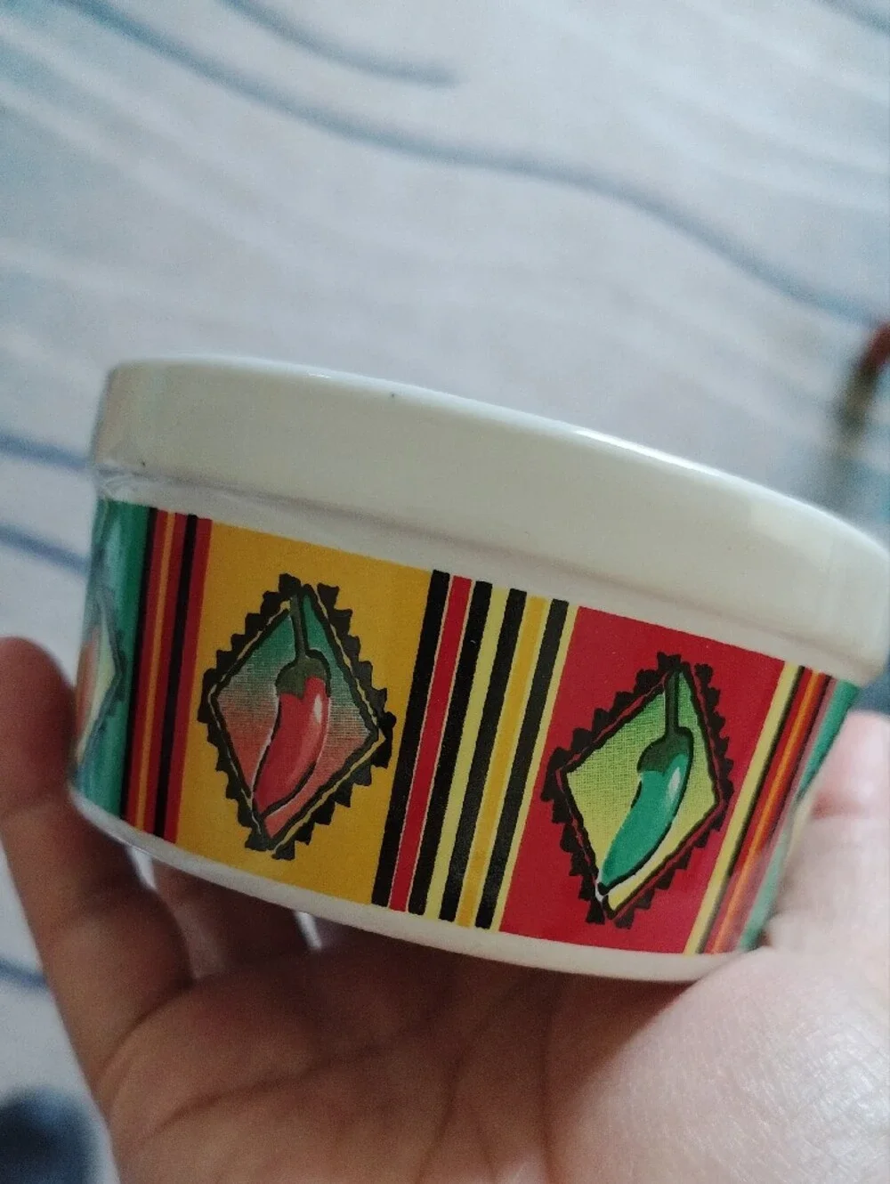 White Ceramic Salsa Bowl with Green Cactus Detail and Multicolor Stripe